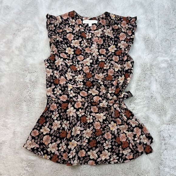 Monteau Los Angles Peplum Top Womens Small Brown Fall Floral Faux Wrap Vneck - Picture 3 of 8